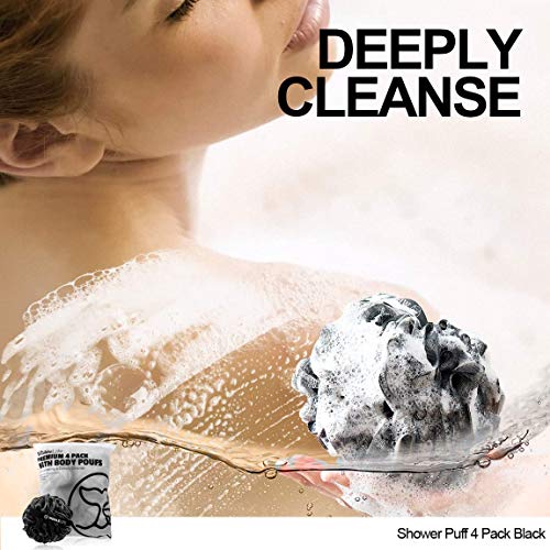 Shower Puff 4 Pack Black Bath Sponge Shower Loofahs Pouf Ball Nature Bamboo C...