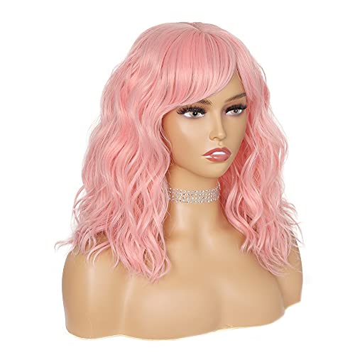 WIGNEE Natural Wave Wig With Air Bangs Short Bob Pink Wig For Women Curly Wav...