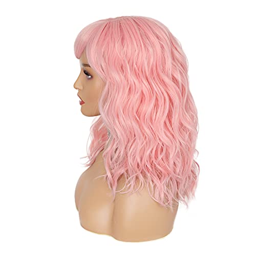 WIGNEE Natural Wave Wig With Air Bangs Short Bob Pink Wig For Women Curly Wav...
