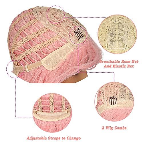 WIGNEE Natural Wave Wig With Air Bangs Short Bob Pink Wig For Women Curly Wav...