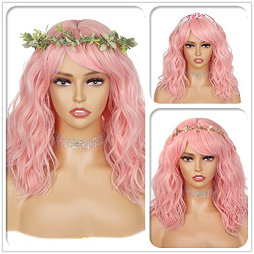 WIGNEE Natural Wave Wig With Air Bangs Short Bob Pink Wig For Women Curly Wav...