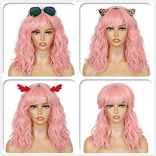 WIGNEE Natural Wave Wig With Air Bangs Short Bob Pink Wig For Women Curly Wav...