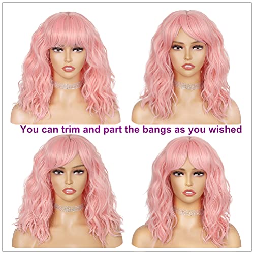 WIGNEE Natural Wave Wig With Air Bangs Short Bob Pink Wig For Women Curly Wav...