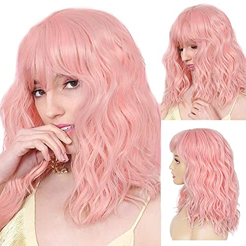 WIGNEE Natural Wave Wig With Air Bangs Short Bob Pink Wig For Women Curly Wav...