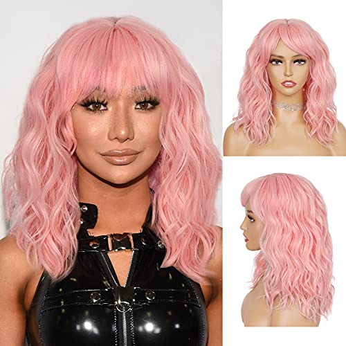WIGNEE Natural Wave Wig With Air Bangs Short Bob Pink Wig For Women Curly Wav...
