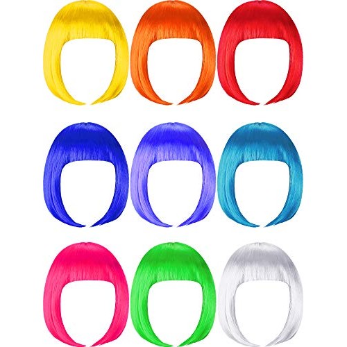 9 Pieces Short Bob Hair Wigs Multicolored Cosplay Costume Wig Daily Party Hai...
