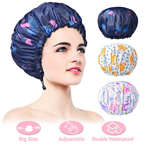 3 Packs Shower Cap, Extra Large & Adjustable & Double Layer Waterproof Hair C...