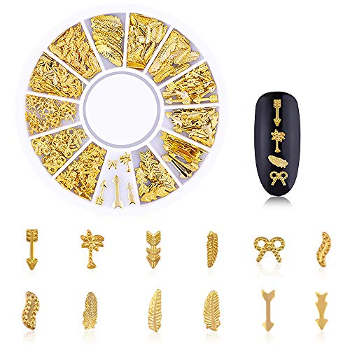WOKOTO 6 Boxes Gold Metal Nail Studs Rose Star Moon Feather Nail Charm Kit 3D...