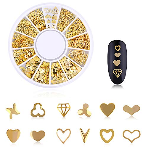 WOKOTO 6 Boxes Gold Metal Nail Studs Rose Star Moon Feather Nail Charm Kit 3D...