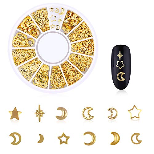 WOKOTO 6 Boxes Gold Metal Nail Studs Rose Star Moon Feather Nail Charm Kit 3D...