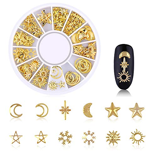 WOKOTO 6 Boxes Gold Metal Nail Studs Rose Star Moon Feather Nail Charm Kit 3D...
