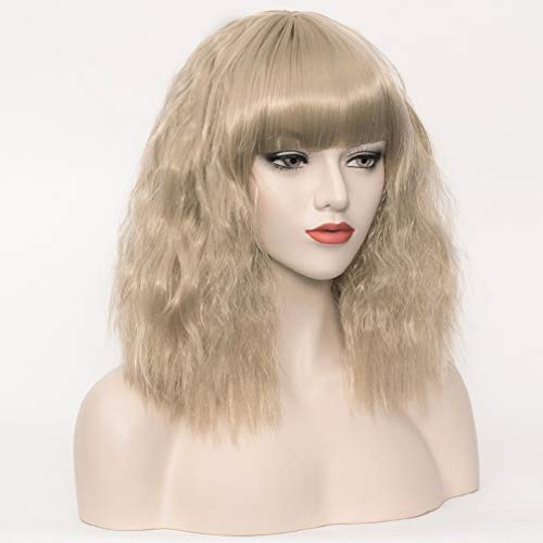 WTHCOS Ash Blonde Wig Short Curly Wig with Bangs Ash Blonde Wigs Short Wavy W...