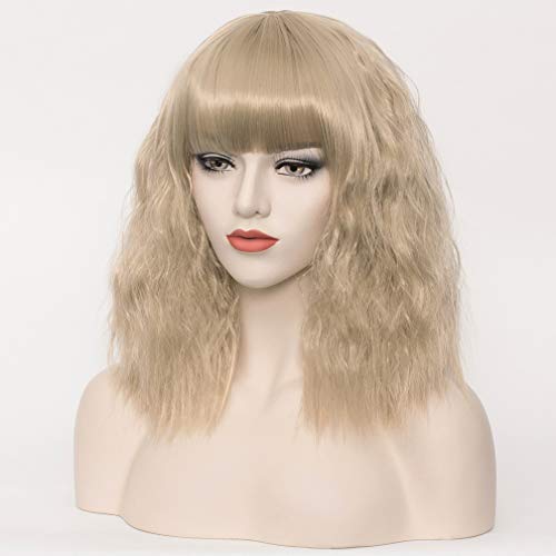 WTHCOS Ash Blonde Wig Short Curly Wig with Bangs Ash Blonde Wigs Short Wavy W...