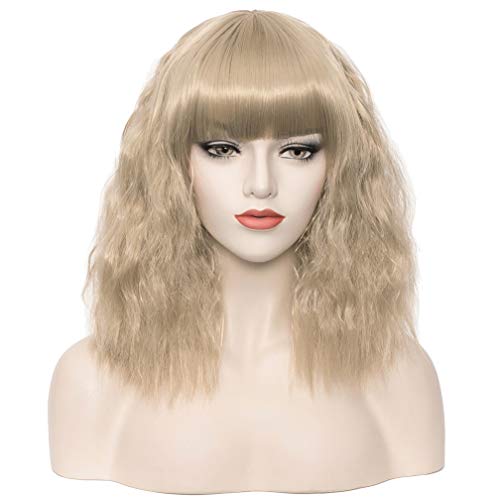 WTHCOS Ash Blonde Wig Short Curly Wig with Bangs Ash Blonde Wigs Short Wavy W...
