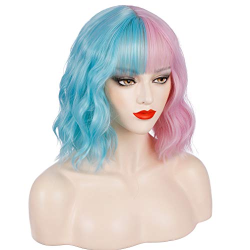 WTHCOS Green Pink Wig Two Tone Wig Short Curly Wig with Bangs Split Wig Bob W...