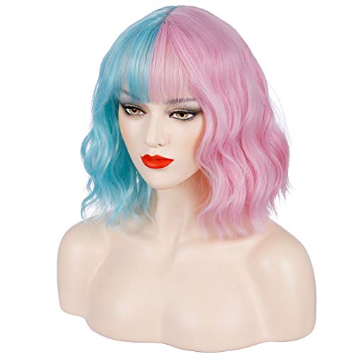WTHCOS Green Pink Wig Two Tone Wig Short Curly Wig with Bangs Split Wig Bob W...