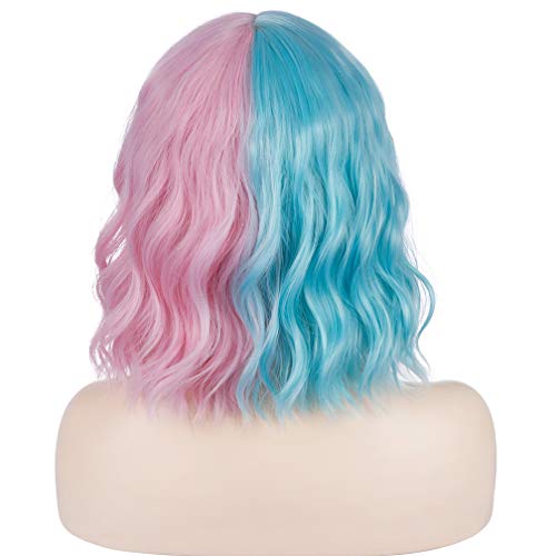 WTHCOS Green Pink Wig Two Tone Wig Short Curly Wig with Bangs Split Wig Bob W...