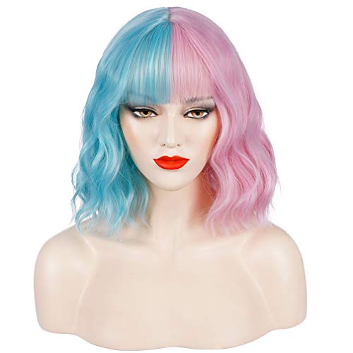 WTHCOS Green Pink Wig Two Tone Wig Short Curly Wig with Bangs Split Wig Bob W...
