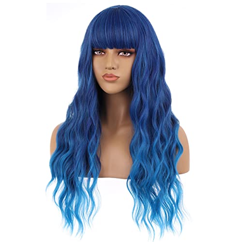 WTHCOS Mix Blue Wig Long Curly Wig with Bangs Blue Ombre Wigs Long Wig for Wo...