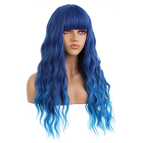 WTHCOS Mix Blue Wig Long Curly Wig with Bangs Blue Ombre Wigs Long Wig for Wo...