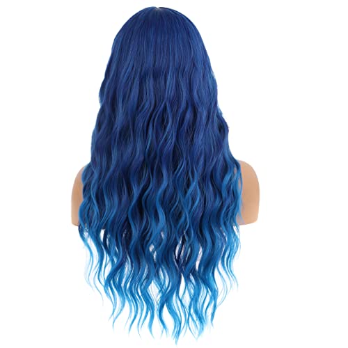 WTHCOS Mix Blue Wig Long Curly Wig with Bangs Blue Ombre Wigs Long Wig for Wo...