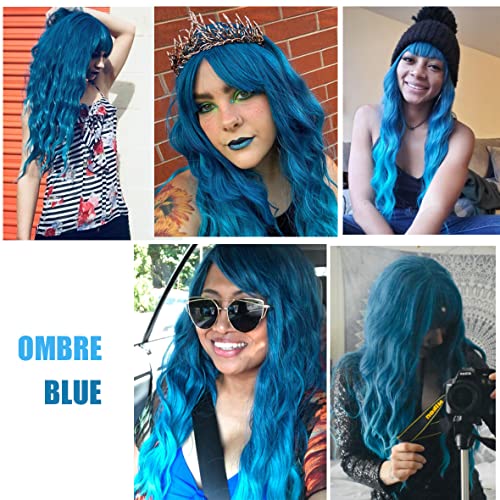 WTHCOS Mix Blue Wig Long Curly Wig with Bangs Blue Ombre Wigs Long Wig for Wo...