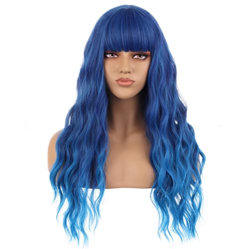 WTHCOS Mix Blue Wig Long Curly Wig with Bangs Blue Ombre Wigs Long Wig for Wo...
