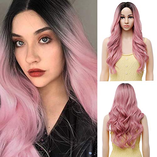 WTHCOS Pink Ombre Wig Long Wavy Wig Ombre Wigs for Women Long Wig Middle Part...