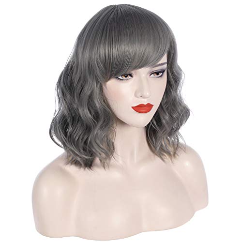WTHCOS Short Curly Wig with Slanting Bangs Short Wave Bob Wig for Women with ...