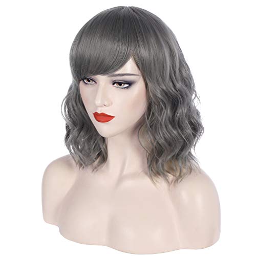 WTHCOS Short Curly Wig with Slanting Bangs Short Wave Bob Wig for Women with ...