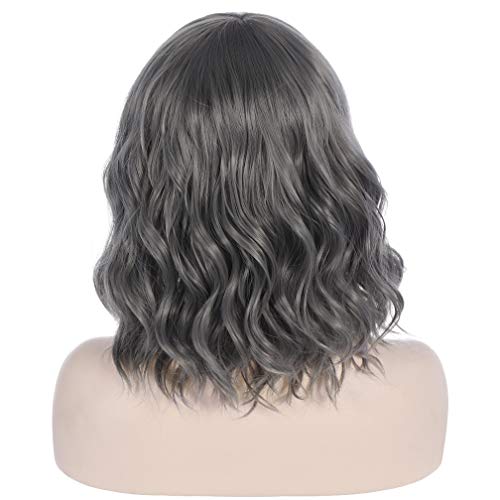 WTHCOS Short Curly Wig with Slanting Bangs Short Wave Bob Wig for Women with ...