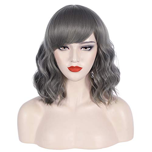WTHCOS Short Curly Wig with Slanting Bangs Short Wave Bob Wig for Women with ...
