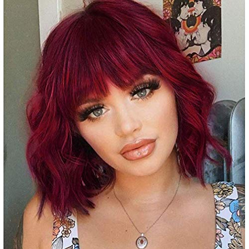 WTHCOS Short Wavy Bob Wig with Bangs Women Short Curly Wigs for Costume Party...