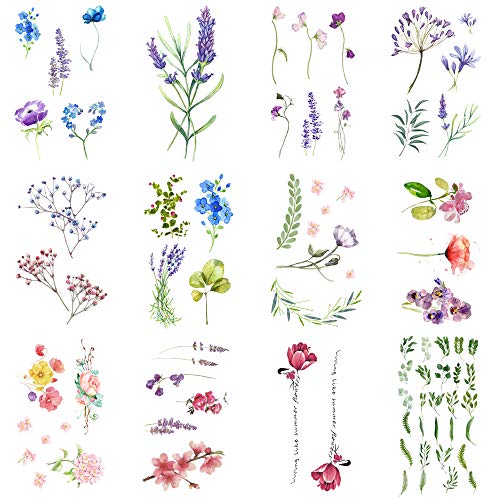 WYUEN 12 Sheets Flower Temporary Tattoo Sticker Women Children Fake Tattoos B...