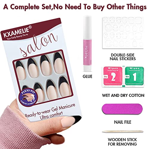 Xcreando Matte Almond French Tip Press on Nails Almond Shape with Designs Nud...