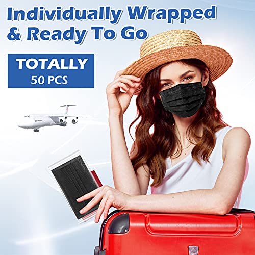 Black Disposable Face Masks, 50 Pack- 3 Layer Individually Wrapped Masks for ...