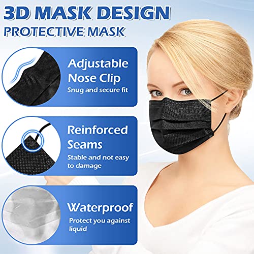 Black Disposable Face Masks, 50 Pack- 3 Layer Individually Wrapped Masks for ...