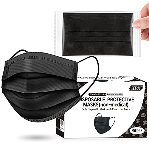 Black Disposable Face Masks, 50 Pack- 3 Layer Individually Wrapped Masks for ...