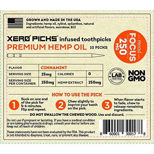 Xero Picks Infused Toothpicks with HEMP Extract- 250mg (10 Picks) (Cinnamint)...