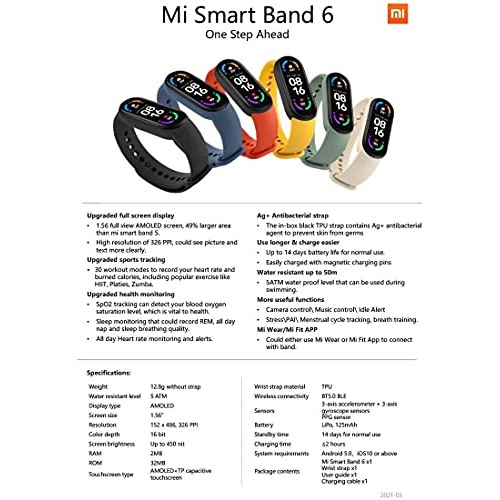 Xiaomi Mi Band 6 Activity Tracker High-Res 1.56" AMOLED Screen, SpO2 Monitor,...