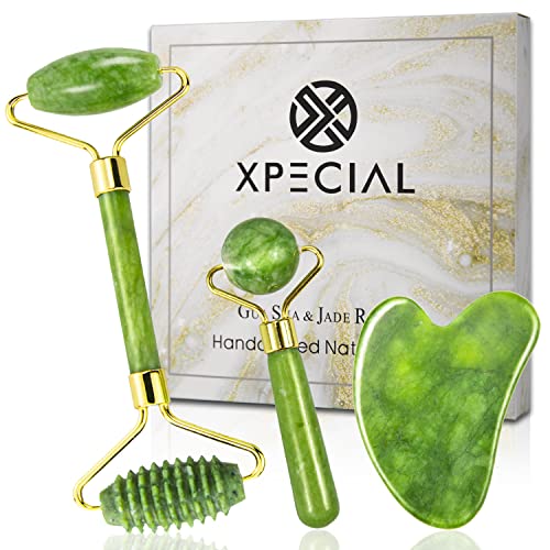 Gua Sha & Jade Roller 3 in 1, Face Roller, Xpecial Guasha Facial Massage Skin...