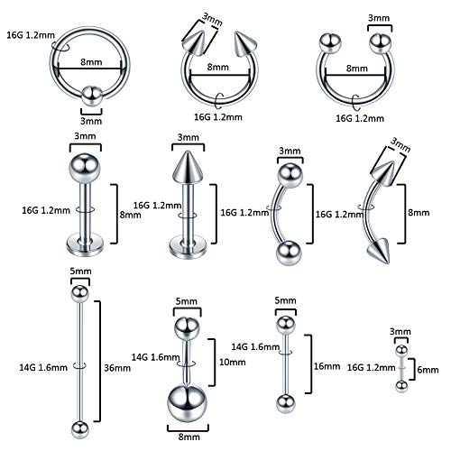Xpircn 140PCS Piercing Kit Stainless Steel 14G 16G Nose Lip Tongue Tragus Dai...