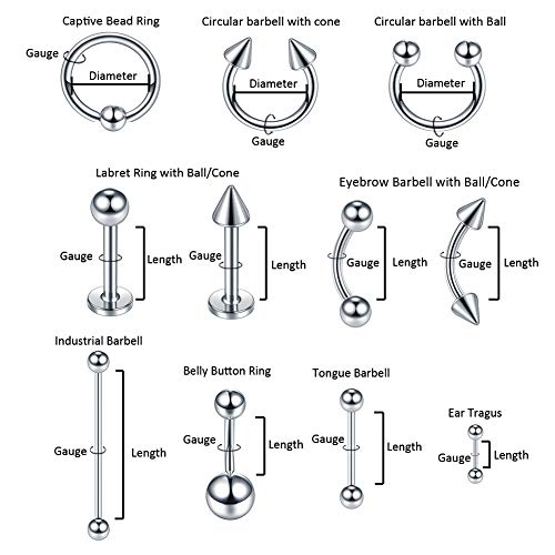 Xpircn 140PCS Piercing Kit Stainless Steel 14G 16G Nose Lip Tongue Tragus Dai...