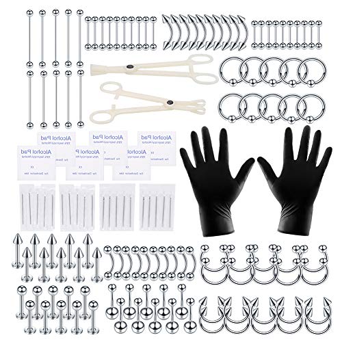Xpircn 140PCS Piercing Kit Stainless Steel 14G 16G Nose Lip Tongue Tragus Dai...