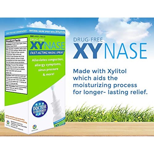 Xynase® Natural Saline Nasal Spray with Xylitol - Relieves Nasal Congestion, ...