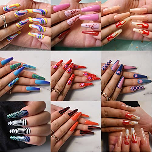 24 PCS Long Smooth Coffin Flash Fake Nails, 8 Styles Removable Glitter False ...