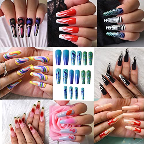 24 PCS Long Smooth Coffin Flash Fake Nails, 8 Styles Removable Glitter False ...