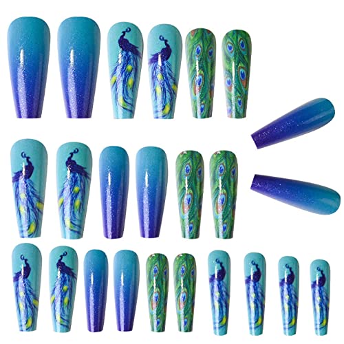 24 PCS Long Smooth Coffin Flash Fake Nails, 8 Styles Removable Glitter False ...