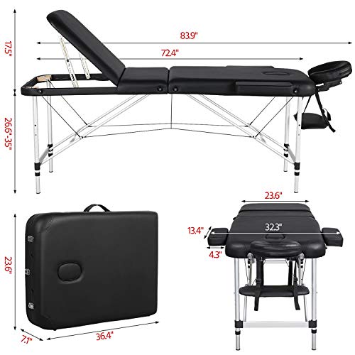 Yaheetech Portable Massage Table 3 Folding Massage Bed Aluminium Frame Lightw...