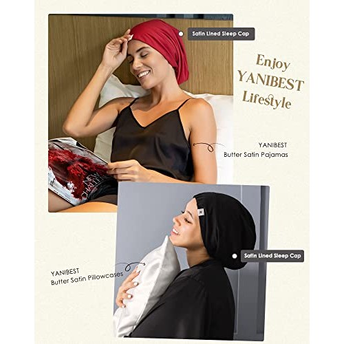 YANIBEST Silk Satin Bonnet Hair Cover Sleep Cap - Black Adjustable Stay on Si...